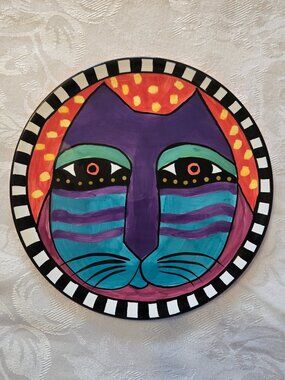 Vintage Laurel Burch Teal, Purple, & Orange Cat Plate - 8 inch